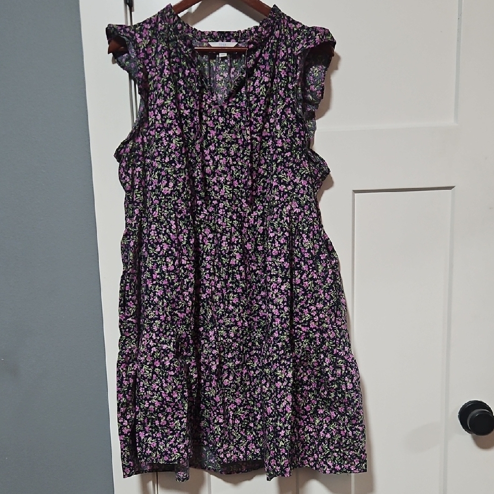 Time and Tru Black Pink Floral Cotton Mini Dress Size XL 16-18